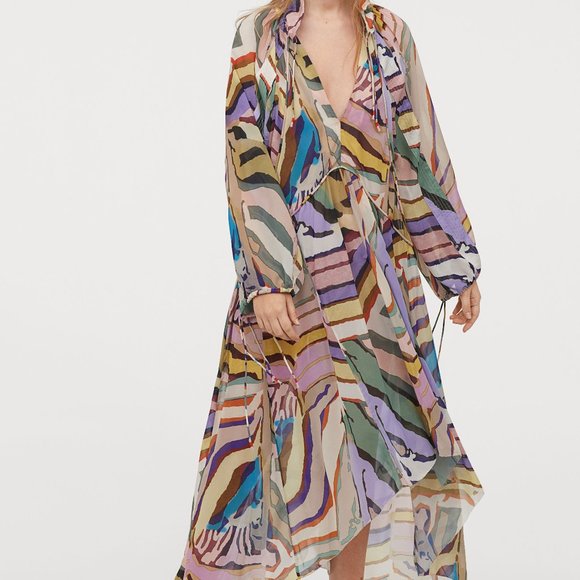 NWT H&M Studio Collection Multicolor Rainbow Silk Maxi Balloon Sleeve Dress - Picture 2 of 11